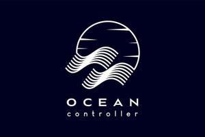 Ocean logo design, wave icon in line art blends with moon or sun icon. Modern vector illustration