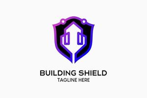 Building security logo design with shield in creative concept combined with building icon. Modern vector illustration
