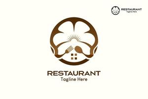 Restaurant logo with a creative concept, a chef's hat icon in the shape of a flower combined with a spoon and fork in a circle. Vector premium
