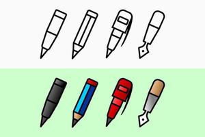 Set of black white and color vector stationery icons in line art style