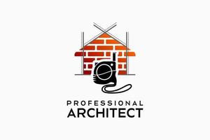 Architect or building designer logo design, silhouette of a roll meter with a brick patterned house icon. Modern vector illustration