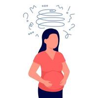 mujer embarazada en depresión preparto. embarazo infeliz, asistencia a la maternidad, apoyo familiar. mujer prenatal con barriga en dudas y problemas, ansiosa, hace preguntas. ilustración vectorial vector