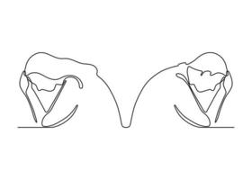 Crisis in family relationship outline, couple quarrel, continuous one line drawing. Disagreement, trouble. Sad man and woman sit back to each other. Conflict between husband and wife. Vector