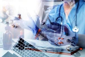 Double exposure of technology healthcare And Medicine concept. Two doctors using digital tablet and modern virtual screen interface icons panoramic banner, blurred background. photo
