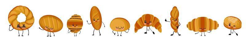 Funny bakery food with different emotions. Vector characters in cartoon style bun, baguette, long loaf, bagel, croissant. Cartoon character with arms and legs and a smile and eyes