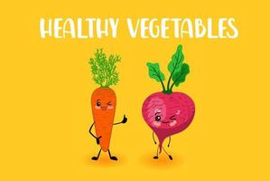 lindas verduras para niños. vegetarianismo. zanahorias y rábanos. personajes con sonrisa. vector