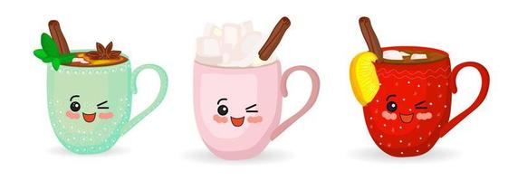 conjunto de lindas tazas kawaii de dibujos animados. personajes con manos y una sonrisa. ilustración aislada sobre fondo blanco.. vector