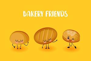 cute kawaii characters, bakery products. Bread, roll and loaf.