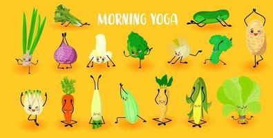 yoga vegetables. Healthy lifestyle. Sports and vegetarianism. Big collection of vegetables characters vector