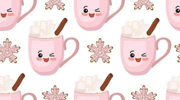 New Year seamless pattern. Winter drinks. Marshmallows, cinnamon and hot chocolate. Tender christmas. Snowflakes baking. Pink cup character. vector