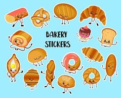 Set of funny bread, bakery characters with human faces stickers, smiling white, rye and whole grain bread, loaf, baguette, croissant, buns vector