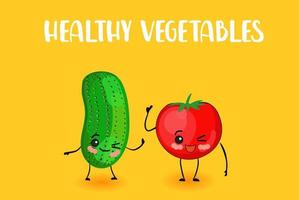 CUTE VEGETABLES. Tomato and cucumber. CHARACTER WITH SMILE. vector