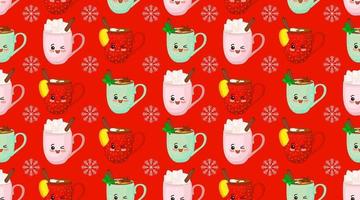 Seamless christmas pattern. Cute characters New Year. Christmas decorations. Winter drinks. Red background. Cartoon cup. vector