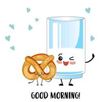 Buenos días. tarjeta de felicitación con lindos personajes de dibujos animados. croissant o pritzel y un vaso de leche. desayuno para niños. comida sana
