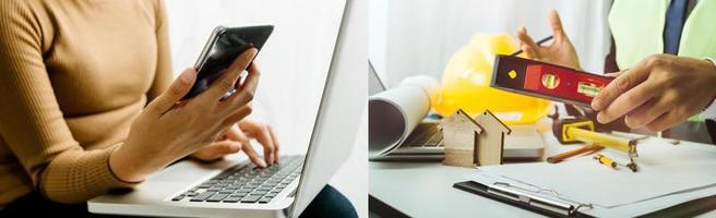 Two colleagues discussing data working and tablet, laptop with on on architectural project at construction site at desk in office photo