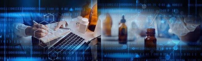 Medicine doctor hand working on a patients x-ray scans digital healthcare and connection with modern virtual screen interface icons, Medical technology and network concept. photo
