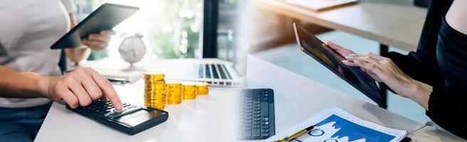 Business team finance or bookkeeper working with a calculator to calculate business data summary report, accountancy document and laptop computer at the office, business meeting concept photo