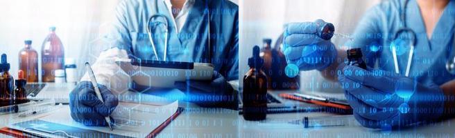 Medicine doctor hand working on a patients x-ray scans digital healthcare and connection with modern virtual screen interface icons, Medical technology and network concept. photo