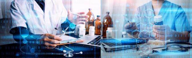 Medicine doctor hand working on a patients x-ray scans digital healthcare and connection with modern virtual screen interface icons, Medical technology and network concept. photo