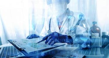 Double exposure of technology healthcare And Medicine concept. Doctors using digital tablet and modern virtual screen interface icons panoramic banner, blurred background. photo