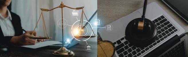 Justice and law concept. Gavel on sounding block in hand's Male judge at a courtroom, working with document law books, report the case on table in modern office. photo