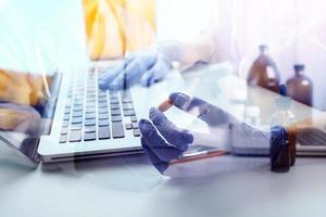 Double exposure of technology healthcare And Medicine concept. Two doctors using digital tablet and modern virtual screen interface icons panoramic banner, blurred background. photo