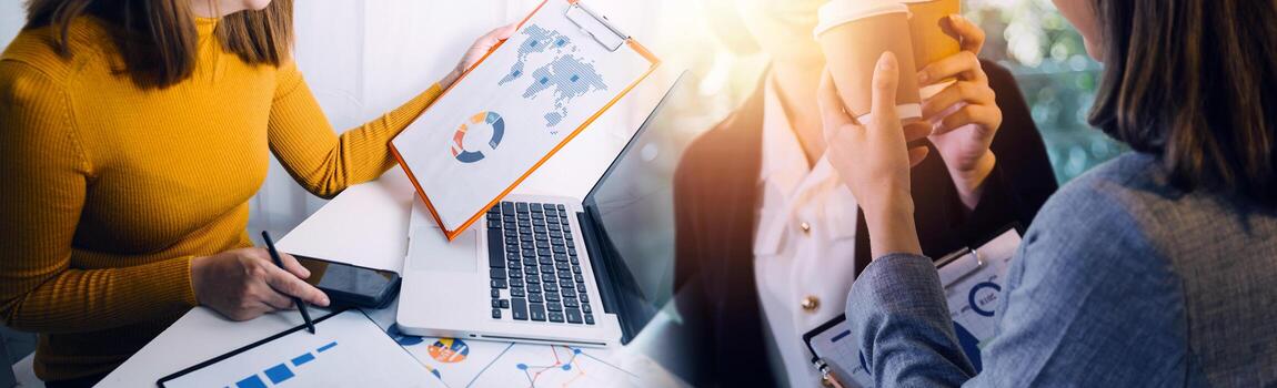 Business team finance or bookkeeper working with a calculator to calculate business data summary report, accountancy document and laptop computer at the office, business meeting concept photo