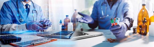 Double exposure of Doctor working with modern virtual screen interface, Healthcare And Medicine concept, Blurred background. photo