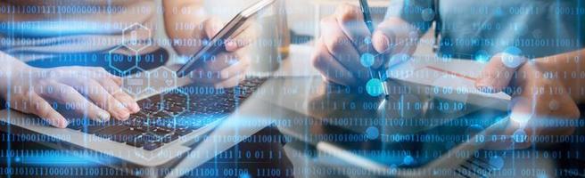 Medicine doctor and robotics research and analysis. Diagnose checking coronavirus or covid-19 testing result with virtual screen in laboratory, Inhibition of disease outbreaks and Medical technology photo