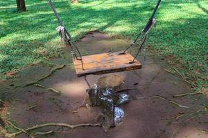 Empty rustic wooden swing hanging by rope on large live pine tree trunk in the indonesian pine forest looking serene peaceful calm relaxing beautiful photo