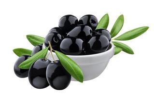 Black olives in bowl isolated on white background photo