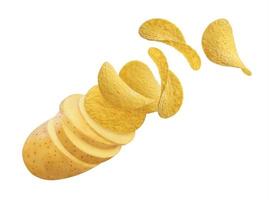 Potato slices turning into flying potato chips isolated on white and black backgrounds photo