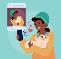 chica con gato tomando selfie vector