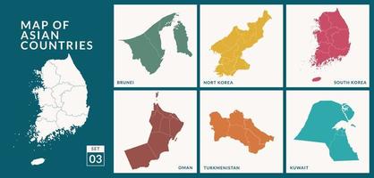 mapas de países asiáticos, corea del sur, corea del norte, brunei, omán, turkmenistán y kuwait, ilustración vectorial. vector