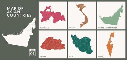 mapas de países asiáticos, tayikistán, vietnam, emiratos árabes unidos, bután, irán e israel, ilustración vectorial. vector