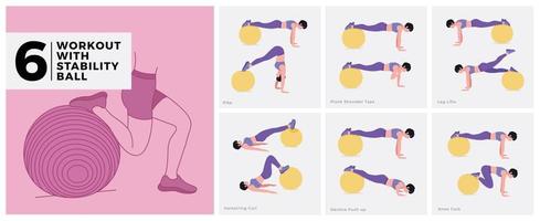 Workout exercises with STABILITY BALL. Women doing fitness and yoga exercises. vector