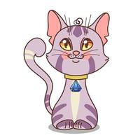 Gray cat in cartoon style. Kawaii character. Pet wearing a collar with a crystal. Vector illustration isolated on white background.