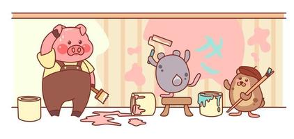 Piglet and hamsters paint walls. Cute characters is doing repair in room. Funny vector illustration.