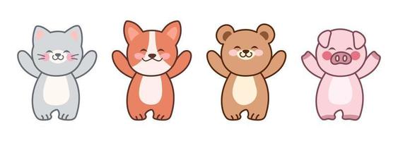 Kawaii pets. Cute animals raised paws up. Set of vector illustrations isolated on white background.