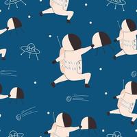 Space seamless pattern with astronaut and satellite. Vector illustration for print