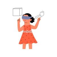 The concept of augmented reality. A girl in AR glasses is learning geometry. Vector illustration in flat style