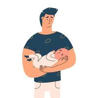The father hugs the baby. Paternity. Dad and little newborn son in their arms. Vector illustration in flat style