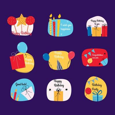 Set of flat birthday elements with candles, gifts. Badges, holiday stickers. Vector illustration