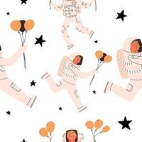 Cheerful children astronauts with balloons. Vector illustration in a flat style. Seamless pattern.