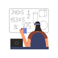 The concept of augmented reality. A man in arched glasses sits at a table and solves a problem. Vector illustration in flat style