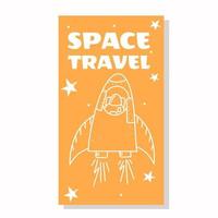 Vertical template with space rocket. Vector illustration in doodle style