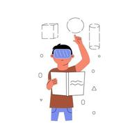 The concept of teaching a child with the use of augmented reality. Boy in vr glasses. Vector illustration in a flat style.