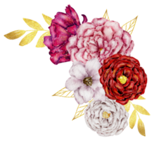 bouquet di fiori rossi acquerello con foglia d'oro png