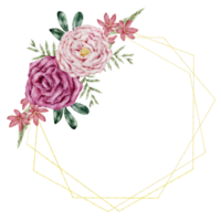 Pink flower wreath watercolor with gold frame png