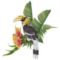 composición tropical con pintura de mano de acuarela de pájaro png